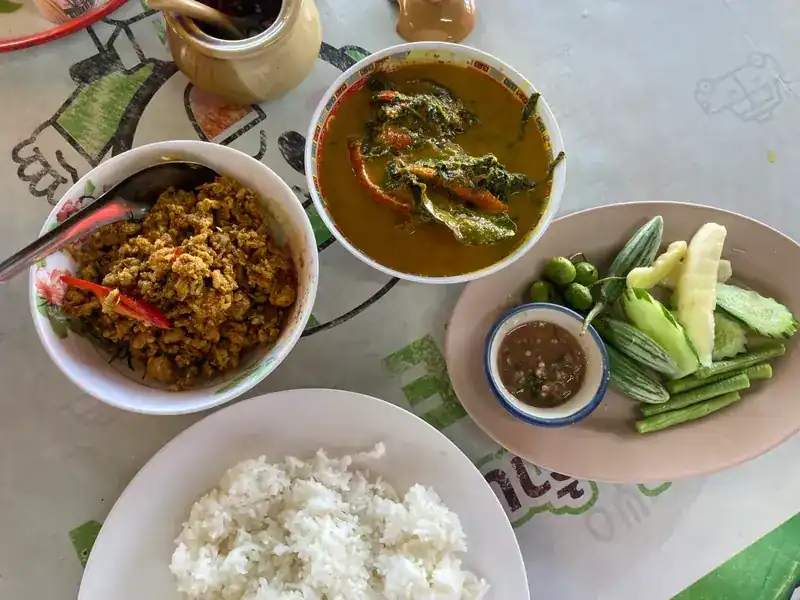 A curry, a minced-meat stir-fry, chilli dip with fresh vegetables, and rice