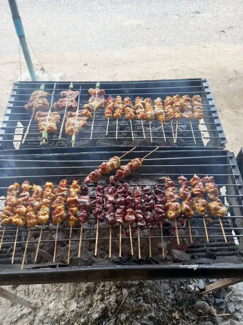 Rows of skewers over charcoal at the roadside stall