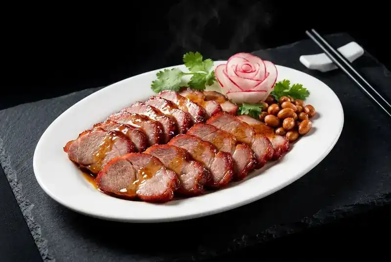 Sliced honey-glazed char siu on a white platter