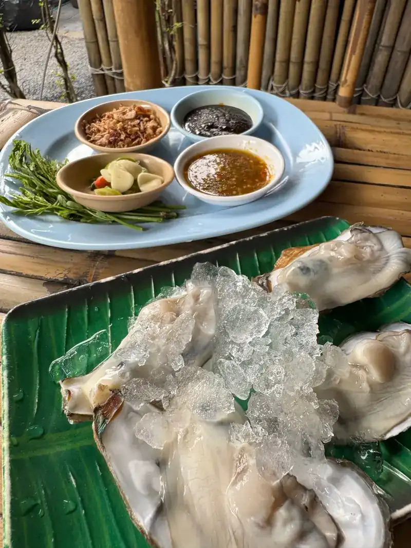 Raw oysters on crushed ice, with a plate of toppings and dipping sauces