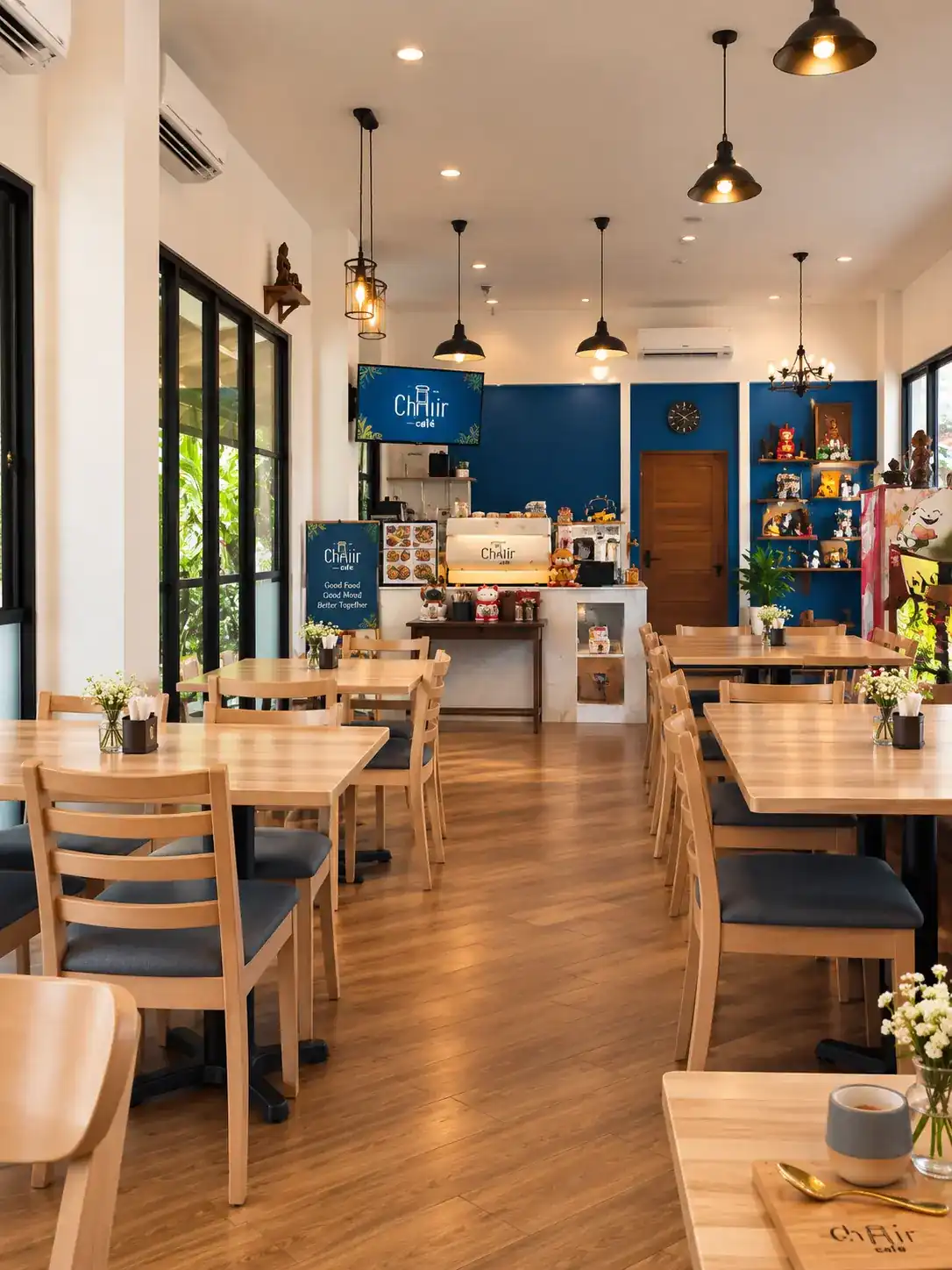 The dining room: light oak tables and chairs, pendant lamps and a cobalt-blue wall behind the counter