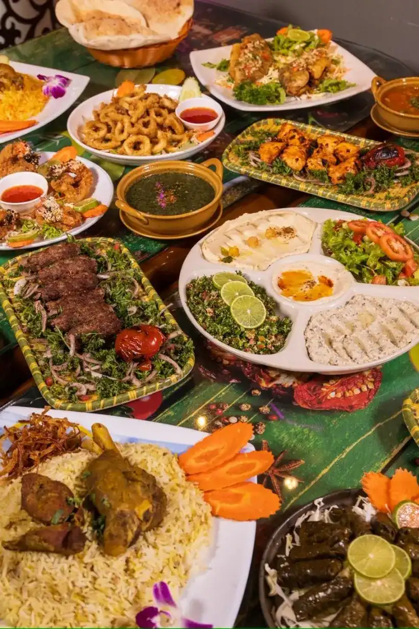 A table spread with grilled meats, dips, stuffed vine leaves, soup, rice and bread