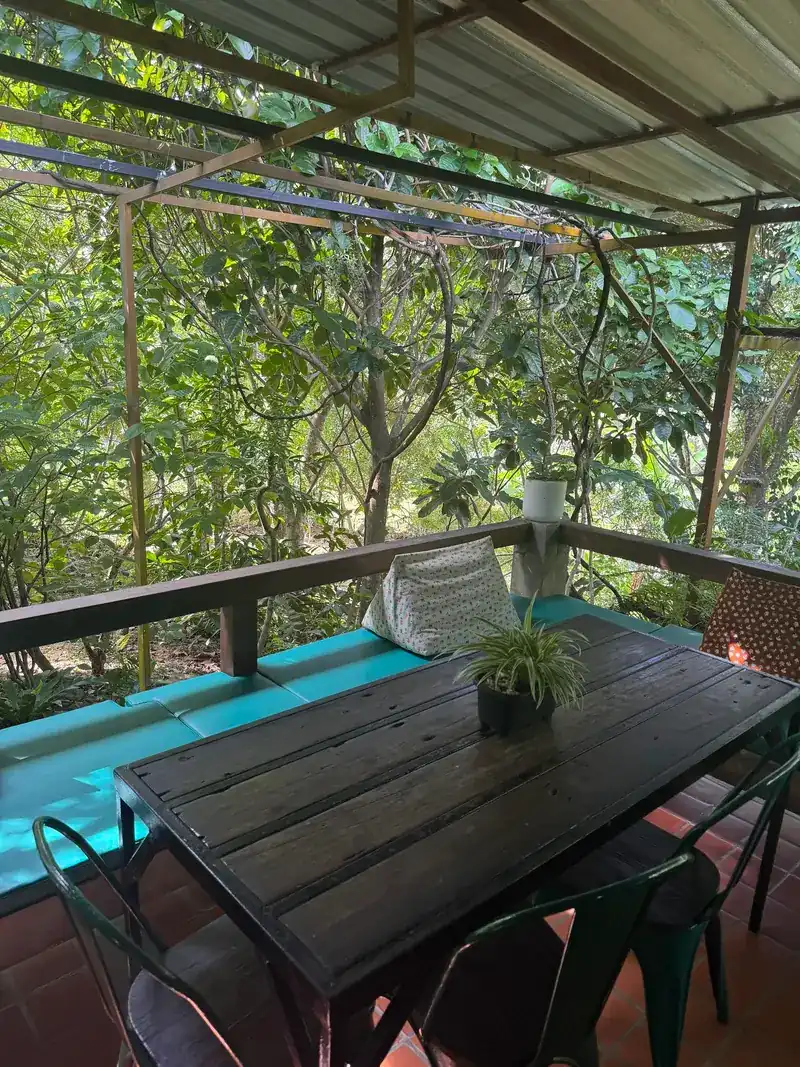 A wooden table on the terrace, with turquoise bench cushions and trees all around