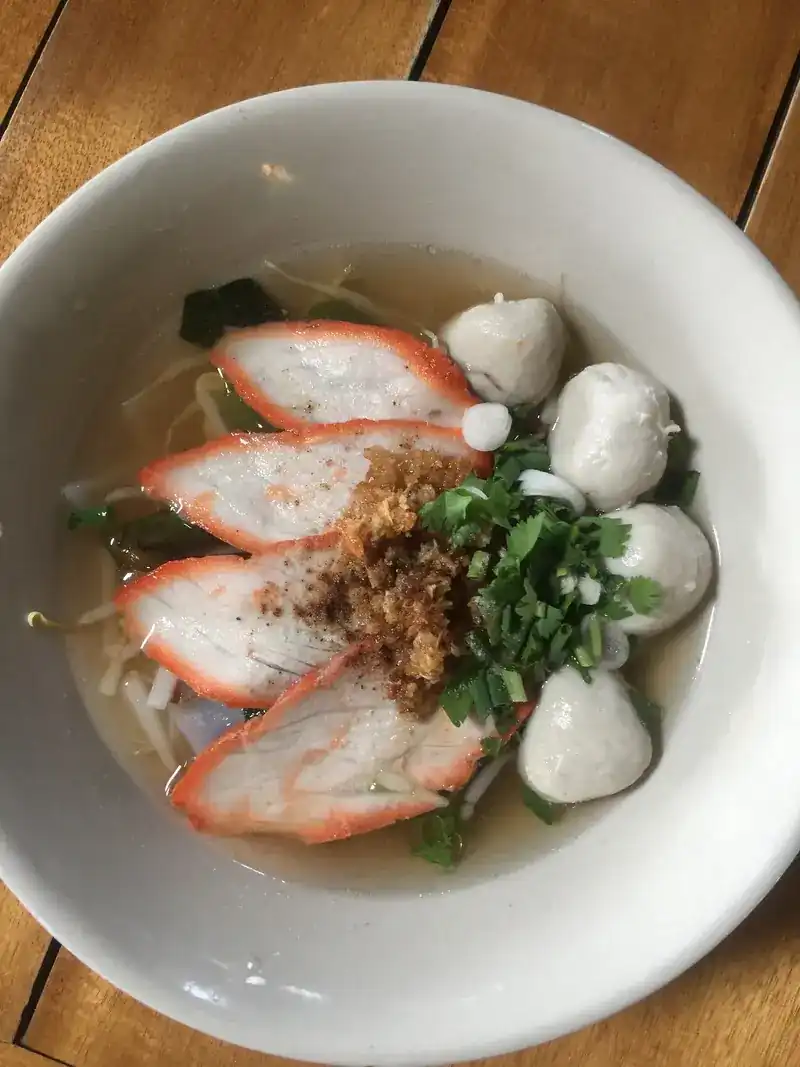 Red pork and meatballs in clear soup with spring onion