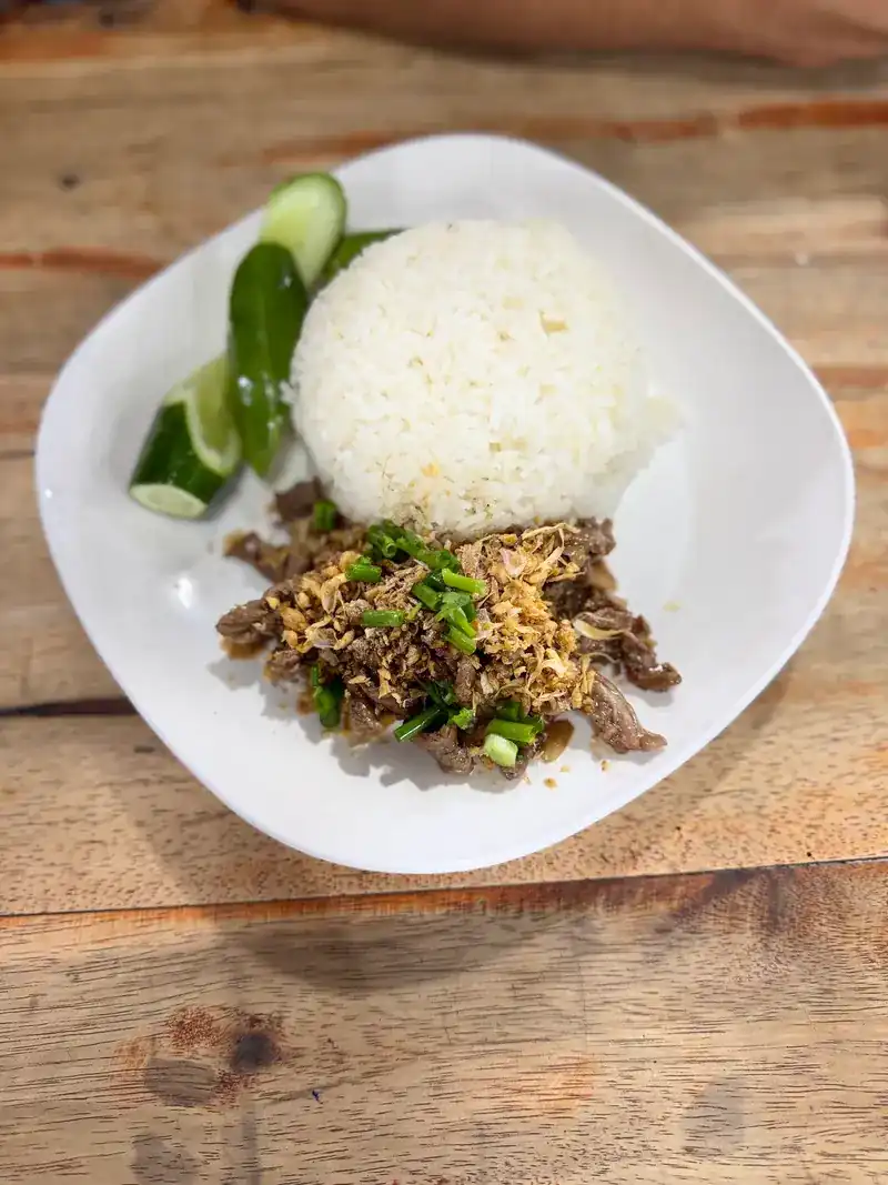 Beef topped with fried garlic and spring onion, with rice and cucumber on a white plate.