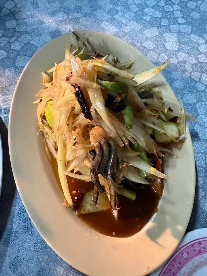 Papaya salad with crab on an oval plate, in daylight