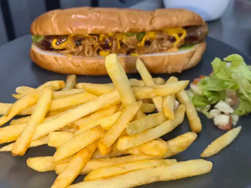 A long roll filled with meat and melted cheese, served with fries and salad