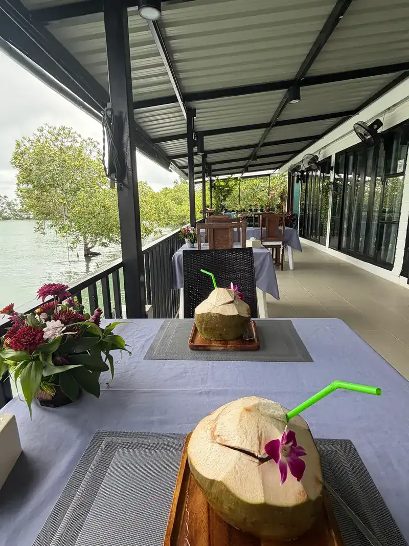 Fresh coconuts with straws and orchids on the deck tables, the water beyond