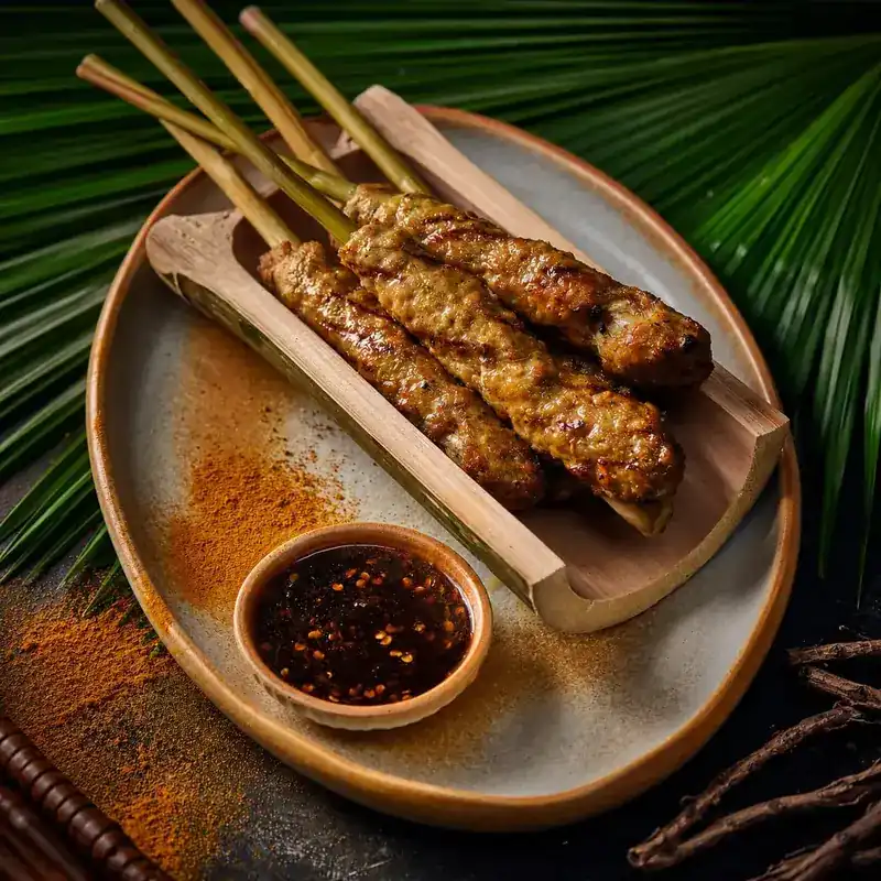 Minced pork satay on lemongrass skewers with a chilli dip