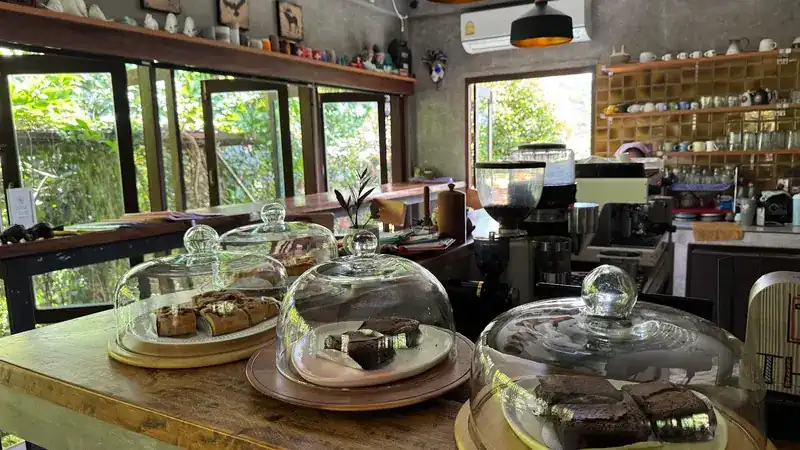 Brownies and cake under glass domes on the counter, by the coffee machine