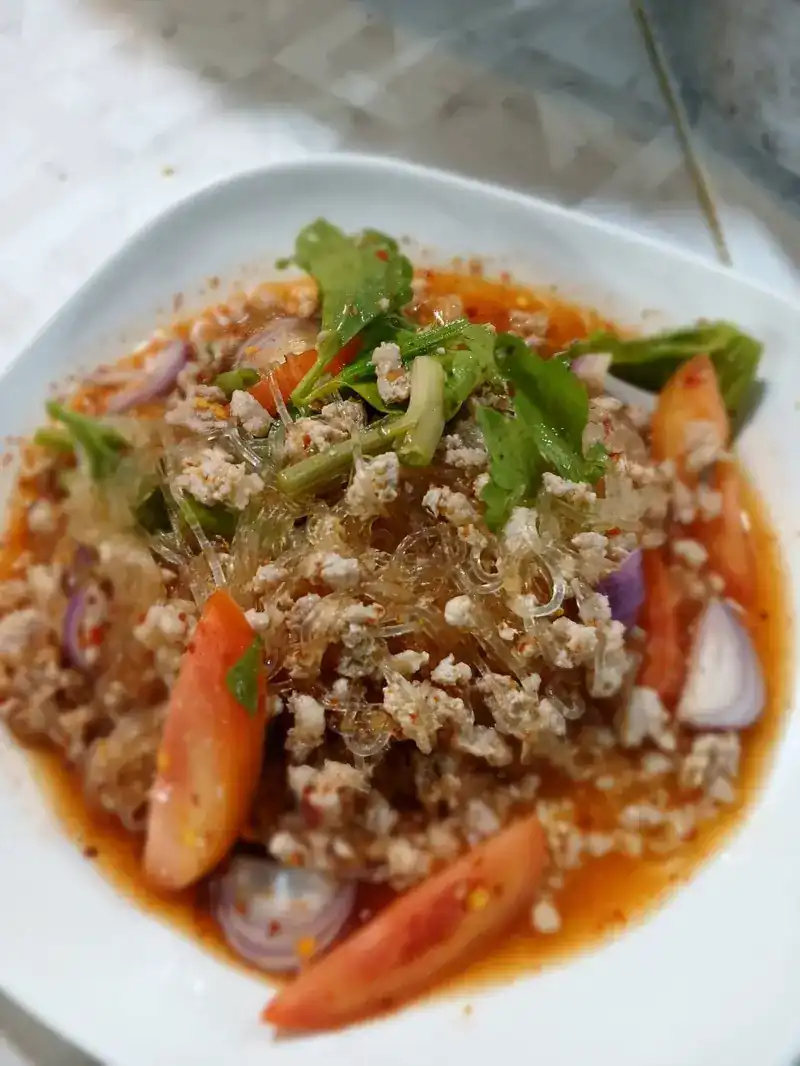 Spicy glass-noodle salad with minced meat, tomato, red onion and herbs