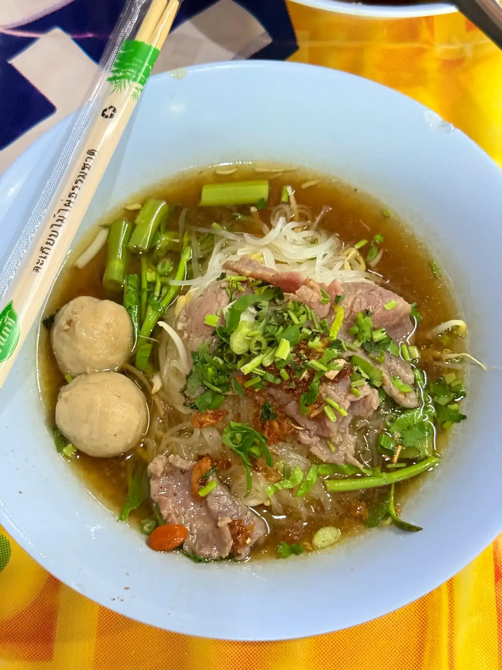 Thin rice noodles with sliced beef, beef balls and morning glory / ก๋วยเตี๋ยวเส้นหมี่เนื้อ ลูกชิ้นเนื้อ ผักบุ้ง