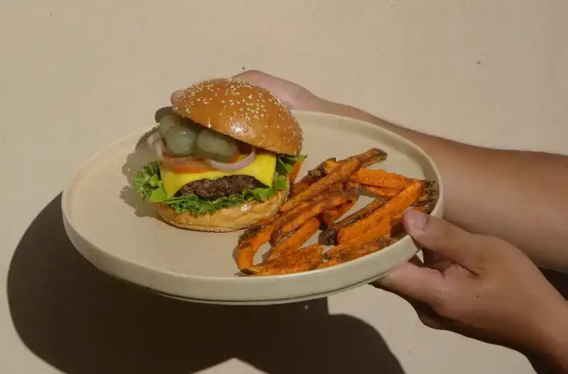 A cheeseburger with pickles and a side of fries, held out on a plate
