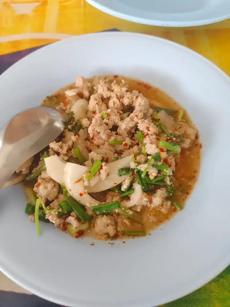 Larb, a spicy minced salad with spring onion