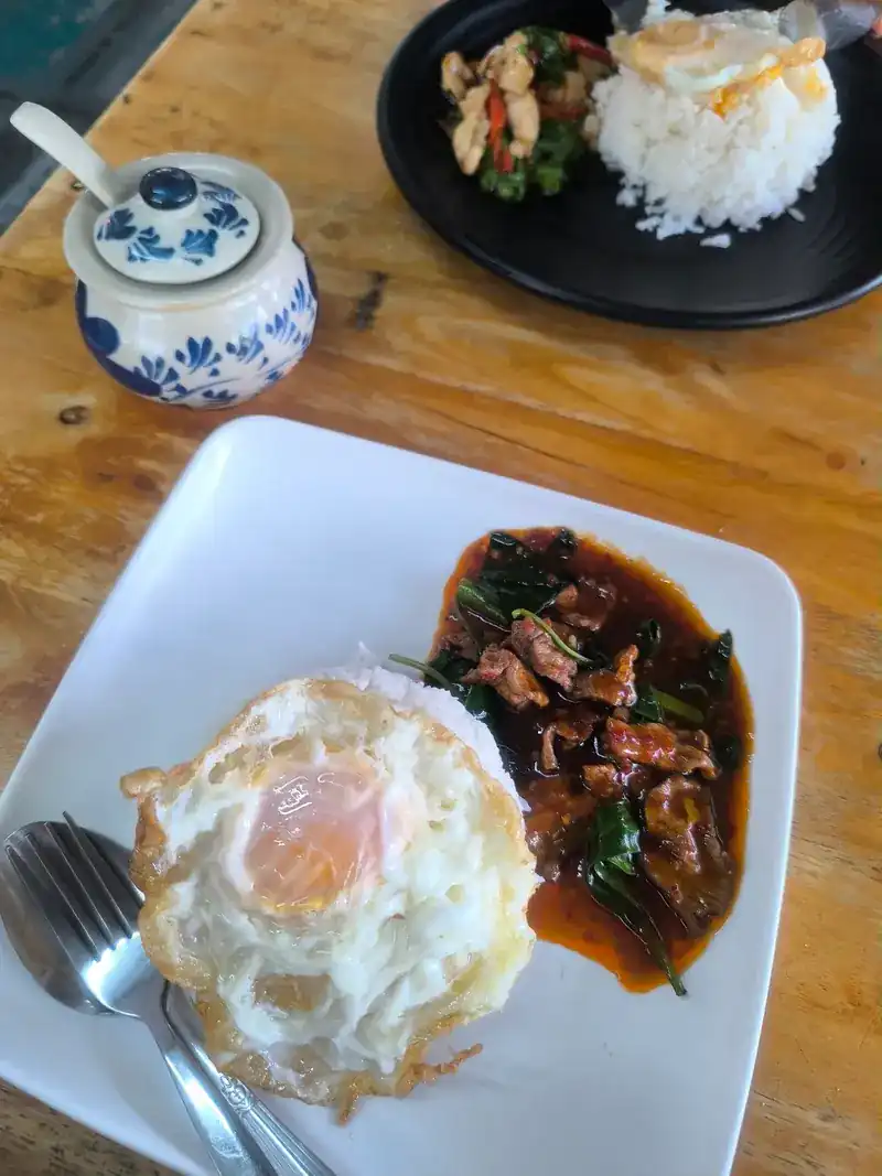 A stir-fry over rice with a fried egg