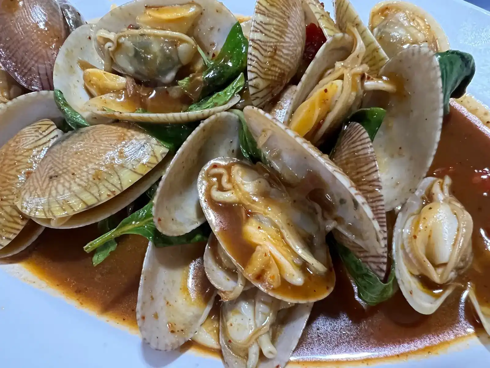 Clams stir-fried in chilli paste with basil leaves