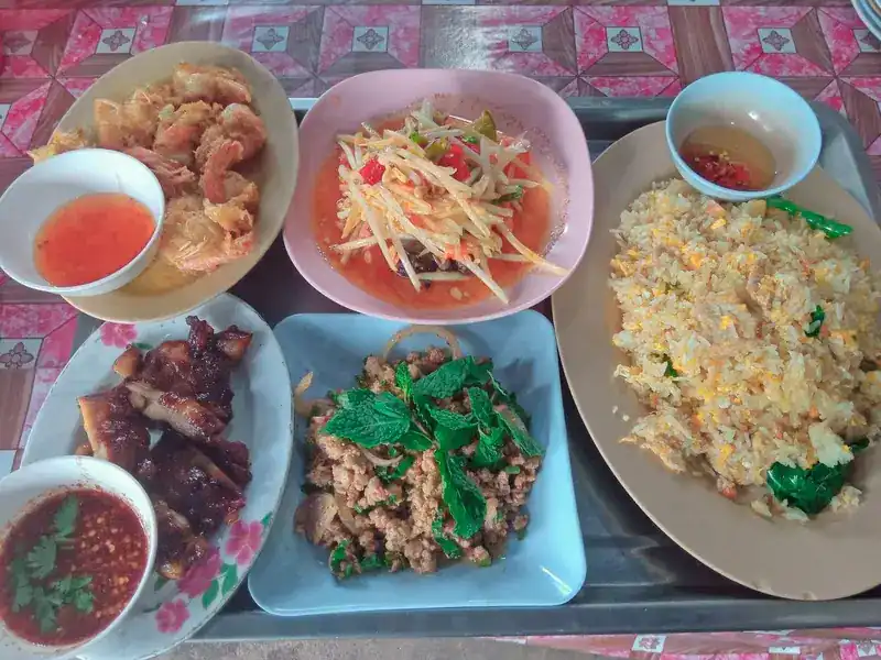 A tray of dishes: fried bites, som tam, fried rice, grilled meat, larb with mint and chilli sauces