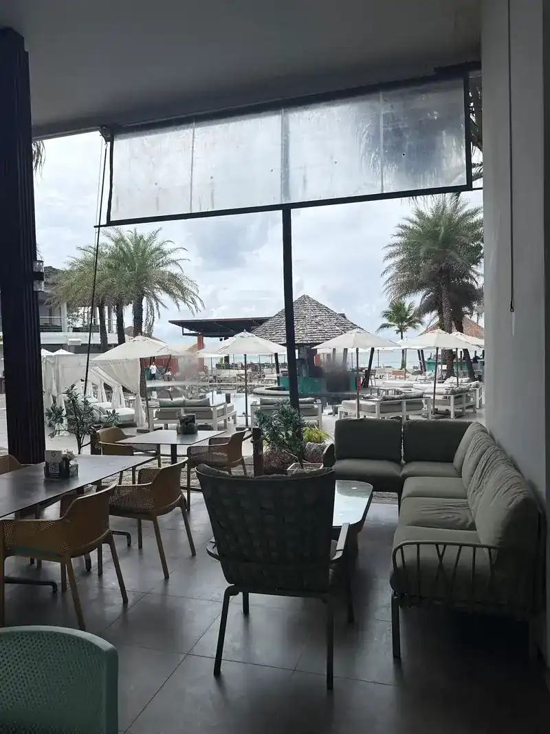 Seats at the back of the café looking out to palm trees, beach umbrellas and the sea / ที่นั่งด้านหลังร้านมองออกไปเห็นต้นปาล์ม ร่มชายหาด และทะเล