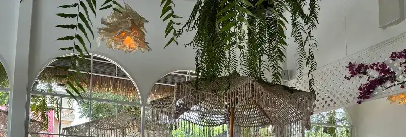 Inside: ferns hanging from the ceiling, a shell-shaped lamp, a macramé parasol and white arched windows