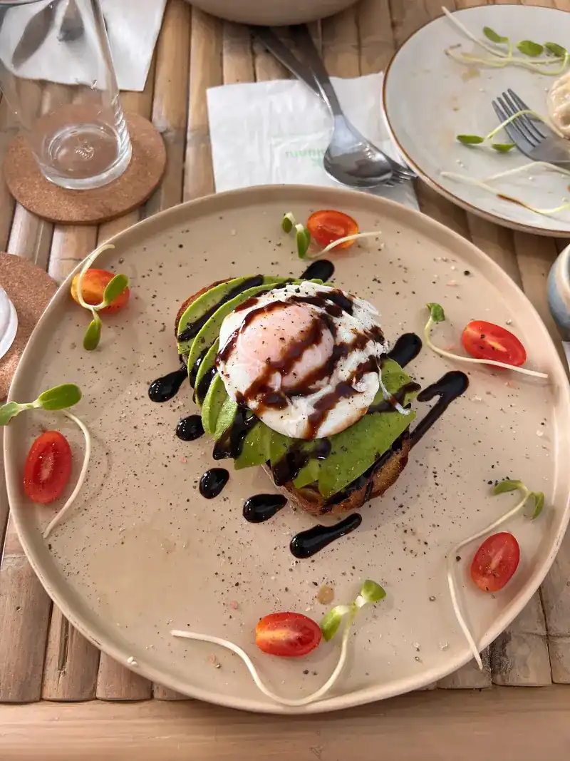 Avocado toast topped with a poached egg and balsamic, with cherry tomatoes and sprouts