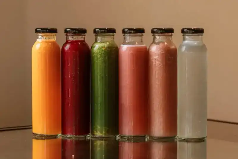 Six bottles of cold-pressed juice in a row, orange, red, green, pink and clear