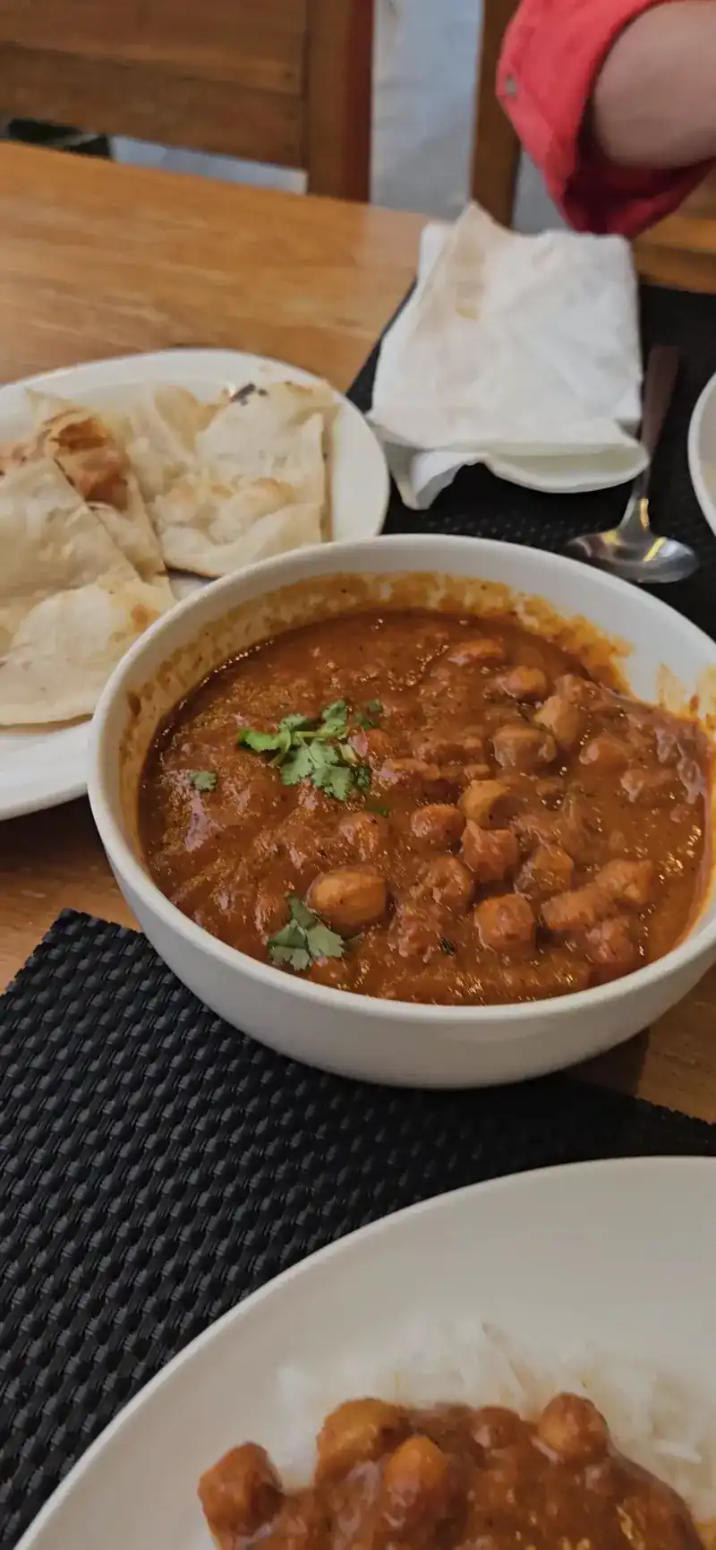 Chickpea curry with naan and rice