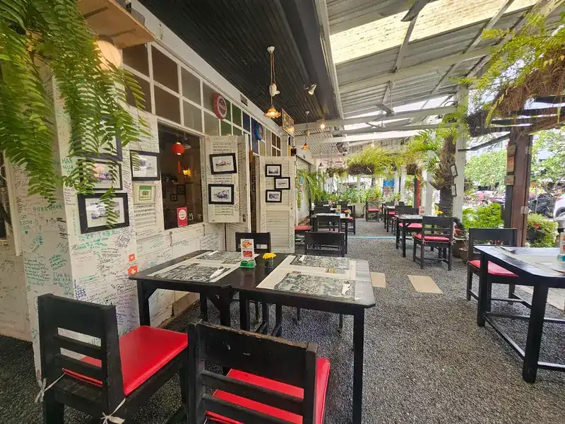 The open terrace: dark wooden tables, red seat cushions, ferns and white walls covered in handwriting and framed pictures
