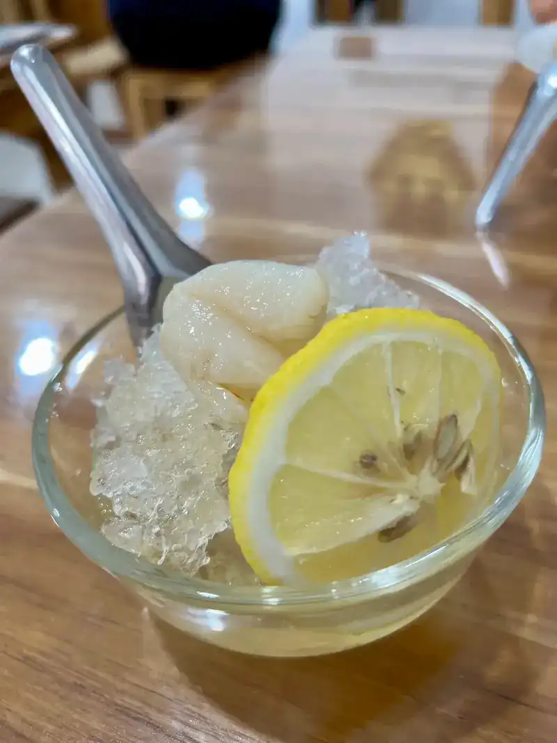 A chilled sweet in a glass bowl with crushed ice and a slice of lemon