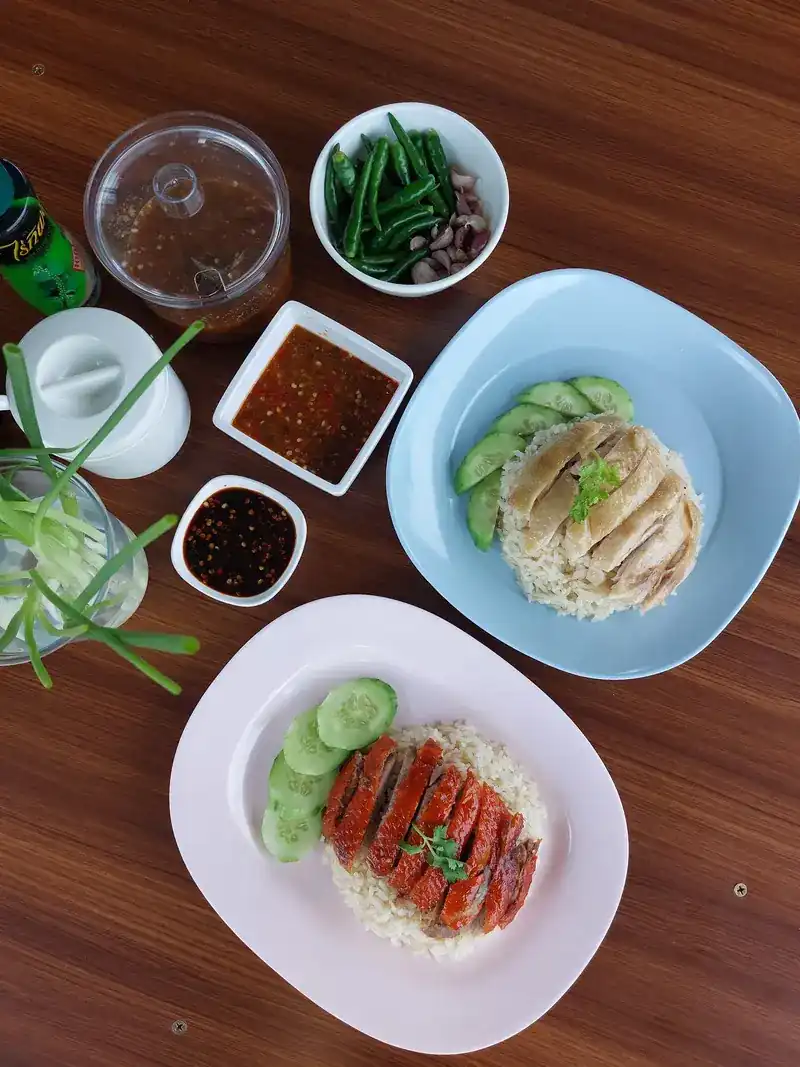 Boiled chicken rice and roast duck rice on a wooden table, seen from above, with sauces and fresh greens