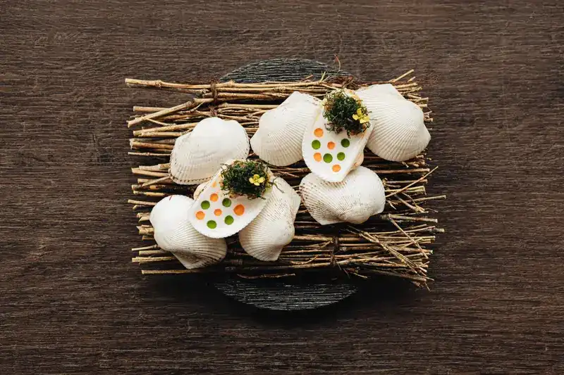 White shells on a bundle of twigs, two of them filled and dotted with green and orange