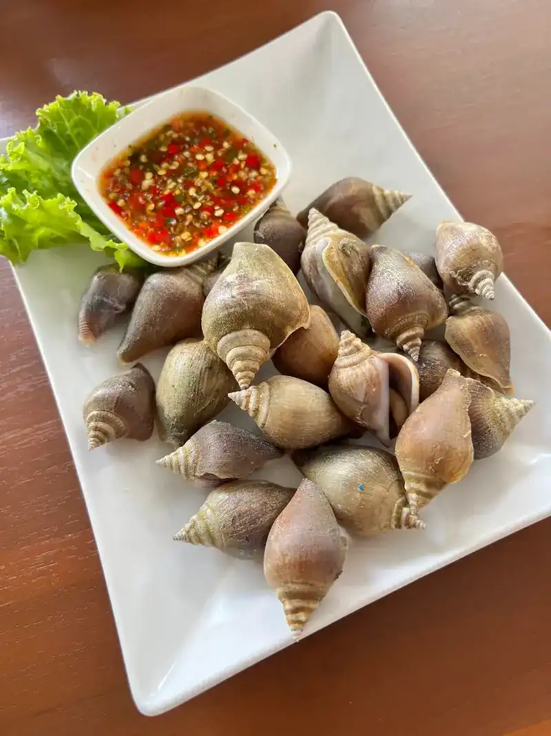Spotted babylon on a white plate with a chilli dipping sauce