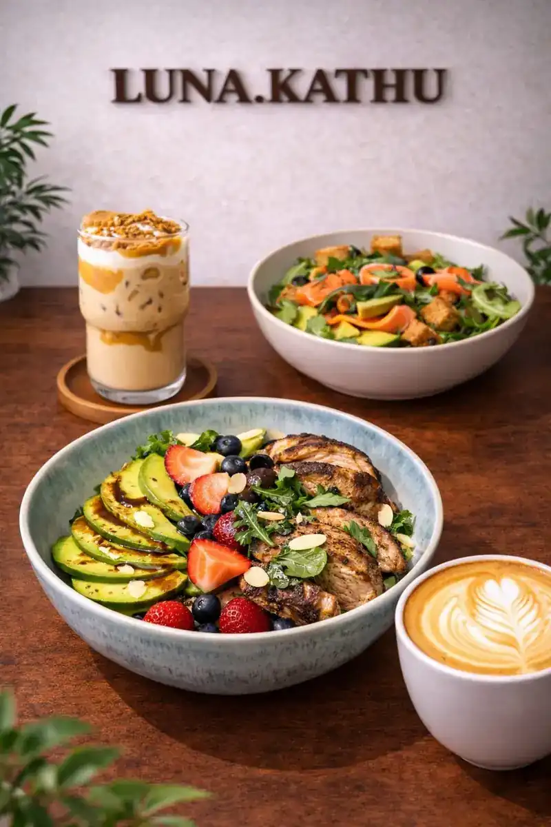 Berry chicken salad, salmon avocado salad, an iced Biscoff latte and a cappuccino on a wooden table at Luna Kathu