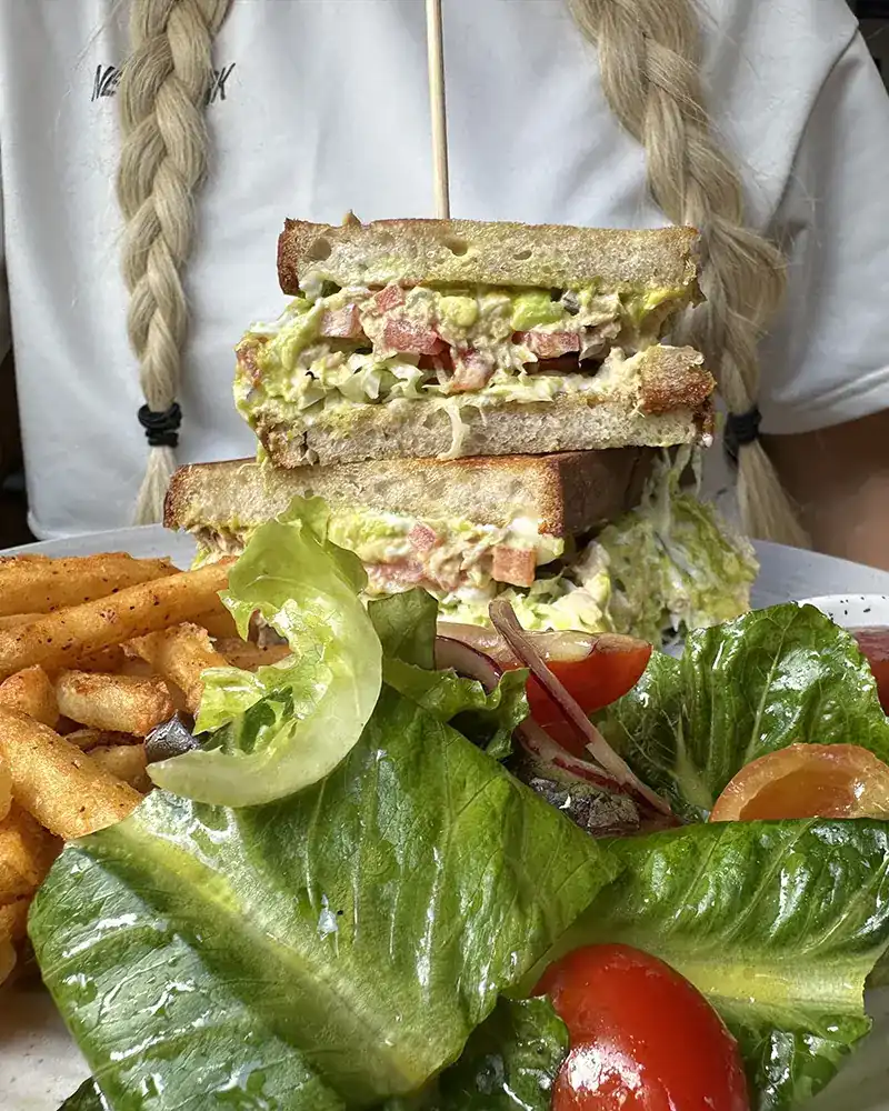 A stacked sourdough sandwich with fries and salad