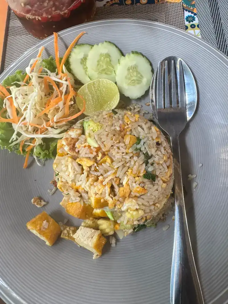 Fried rice with egg, served with cucumber, lime and shredded salad