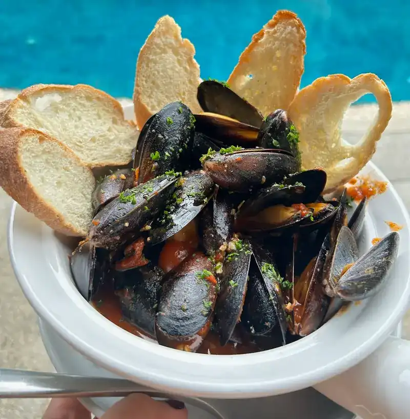 A bowl of mussels with toasted bread, beside the pool