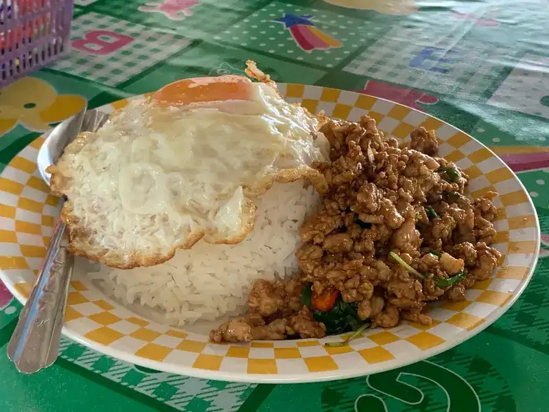 Rice with a stir-fry of minced meat and a fried egg on a yellow-and-white checked plate