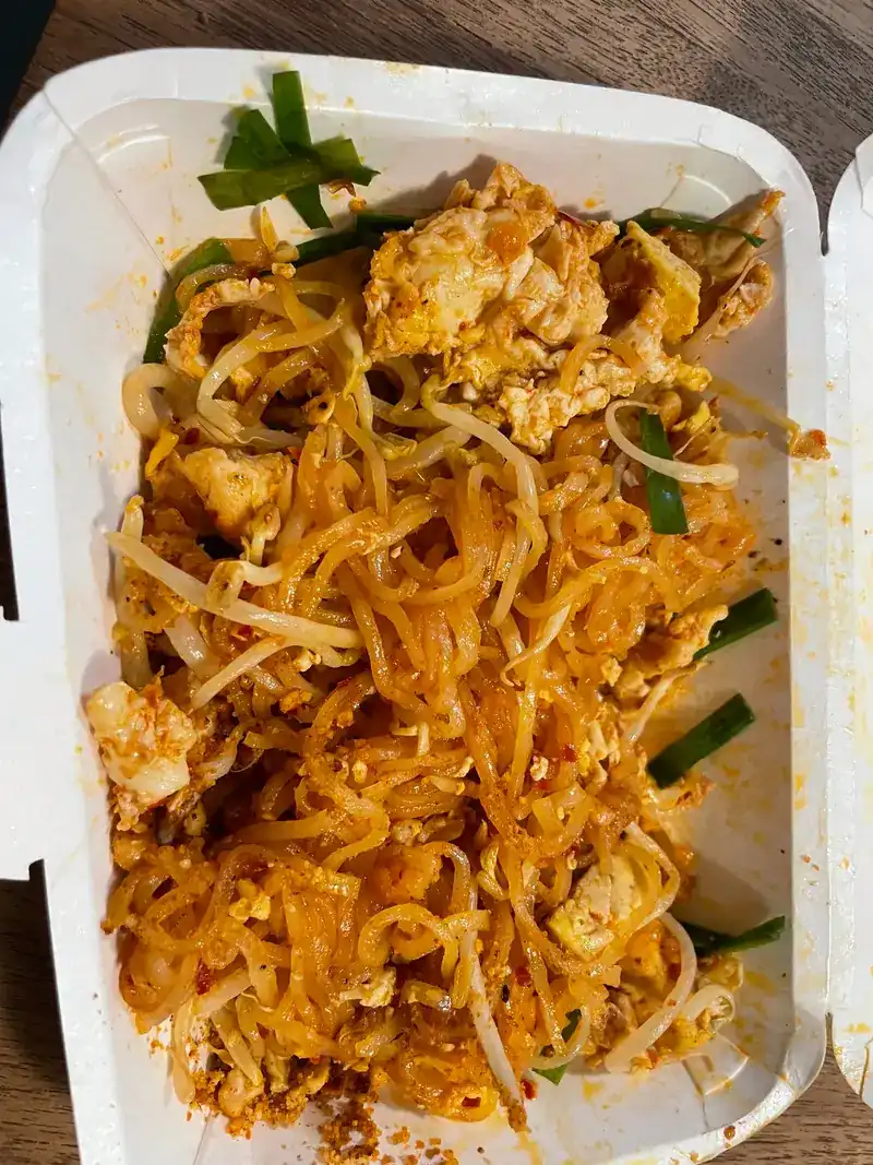 Fried noodles with egg, bean sprouts and chives, packed to take away