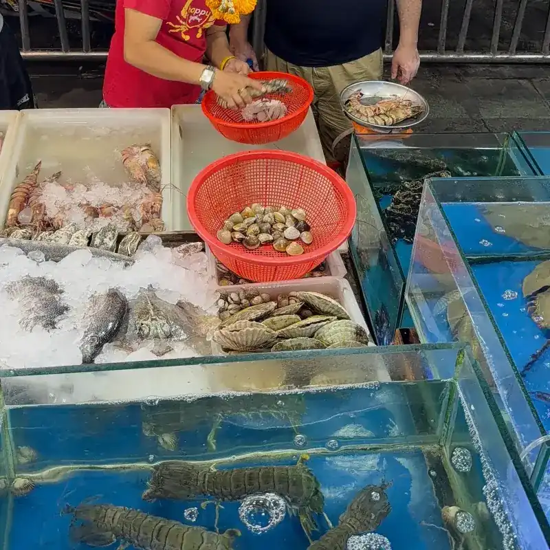Prawns, fish, clams and scallops on ice, with mantis shrimp in the glass tank below