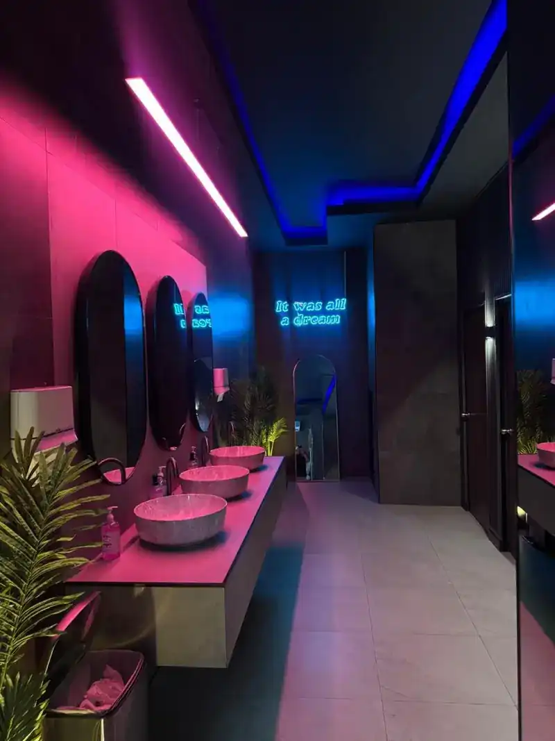Washroom lit pink and blue, with a neon sign on the wall reading It was all a dream