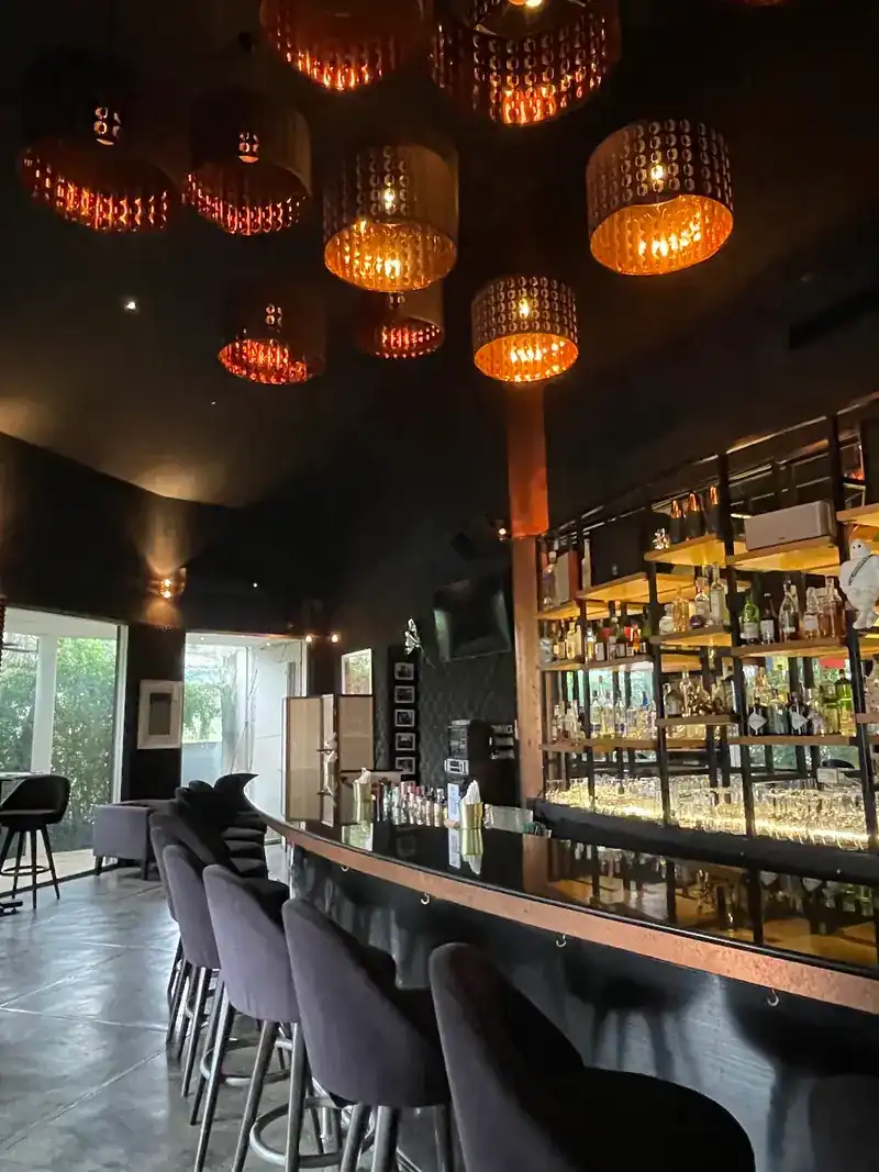 The bar room: amber lamps over a long curved bar with tall stools, trees through the windows