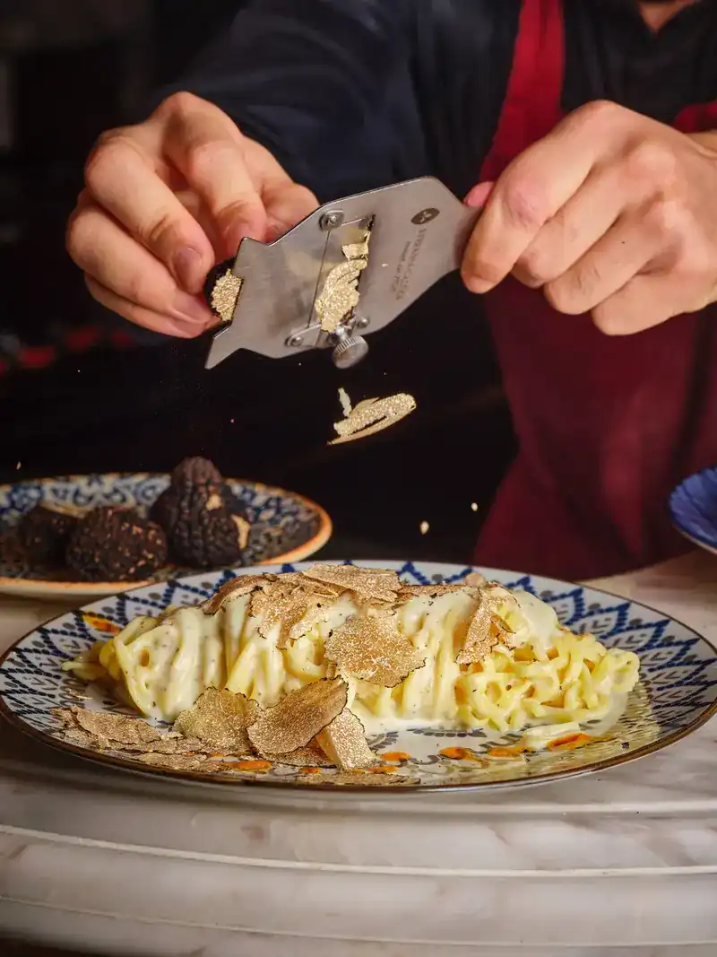 Two hands shaving truffle over a plate of pasta in cream sauce