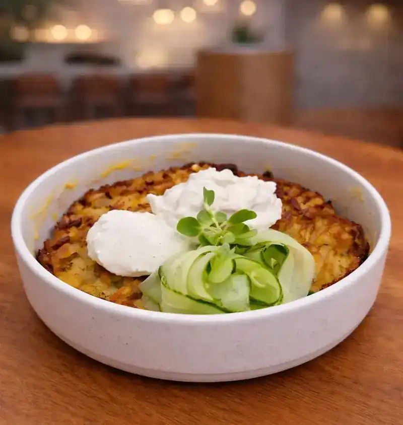 Potato pancake in a bowl with creamy chicken, sour cream and cucumber ribbons