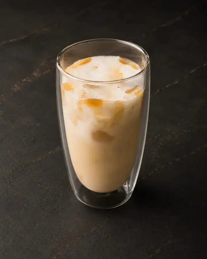 Iced caramel macchiato in a tall glass