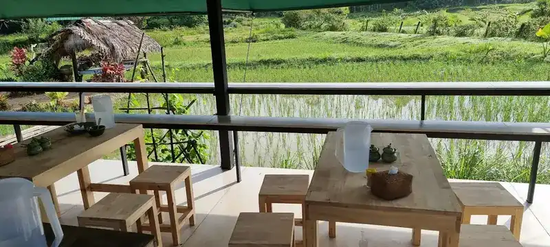 The open terrace with wooden tables and stools, looking over the flooded rice paddy / ระเบียงเปิดโล่ง โต๊ะและเก้าอี้ไม้ มองออกไปเห็นนาข้าว