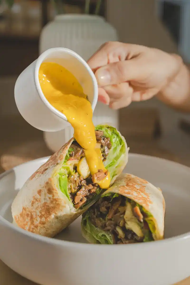 Sauce poured over a cut mushroom burrito