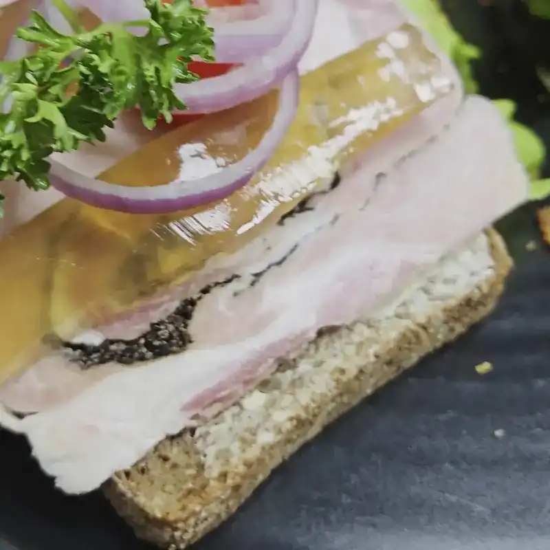 Open sandwich on dark bread with ham, red onion and parsley