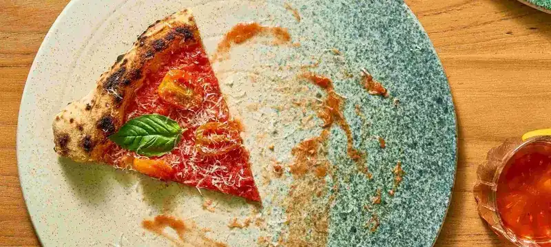 A slice of marinara pizza with basil