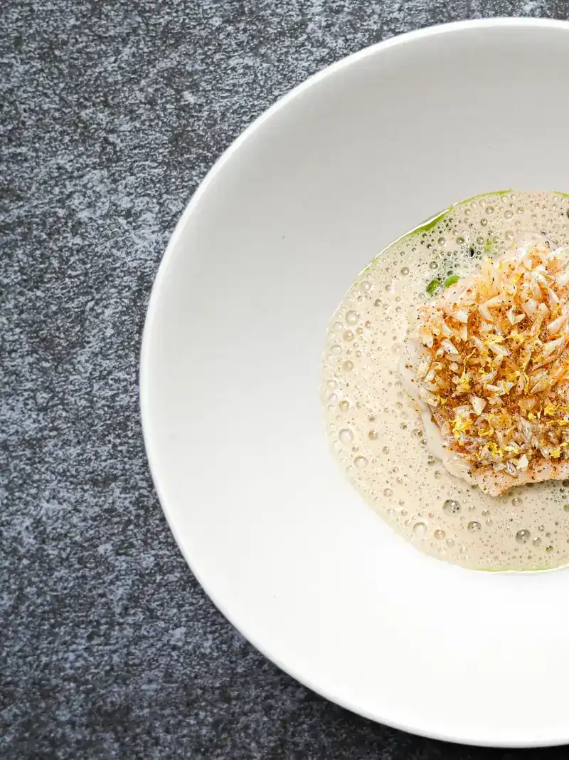 Fish under a crisp topping in a pale foam, on a white plate