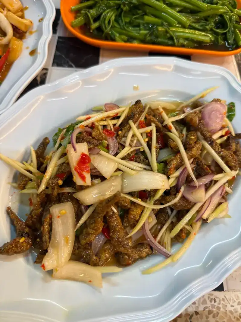 A spicy salad of crispy fried strips with onion, shallot and chilli