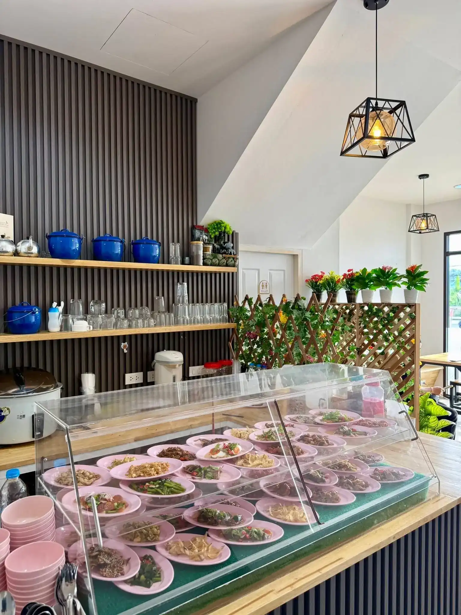 The glass counter full of pink plates of food, blue pots on the shelves and a lamp in a black wire frame